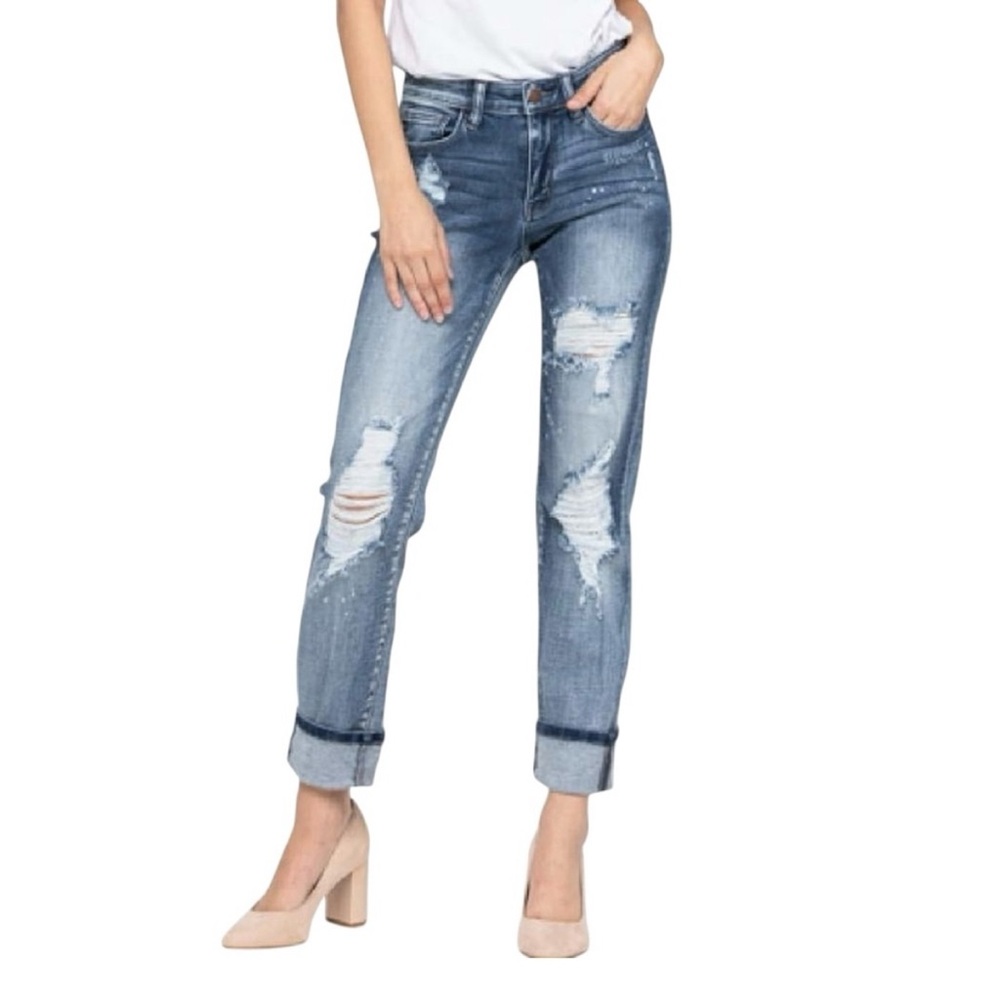 NWT JUDY BLUE Boyfriend Fit Mid Rise Splatter Distressed Jeans, Size 18W